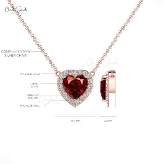 Heart Cut Love Necklace With 0.60 Ct Red Garnet And Halo Diamond 14k Real Gold Necklaces