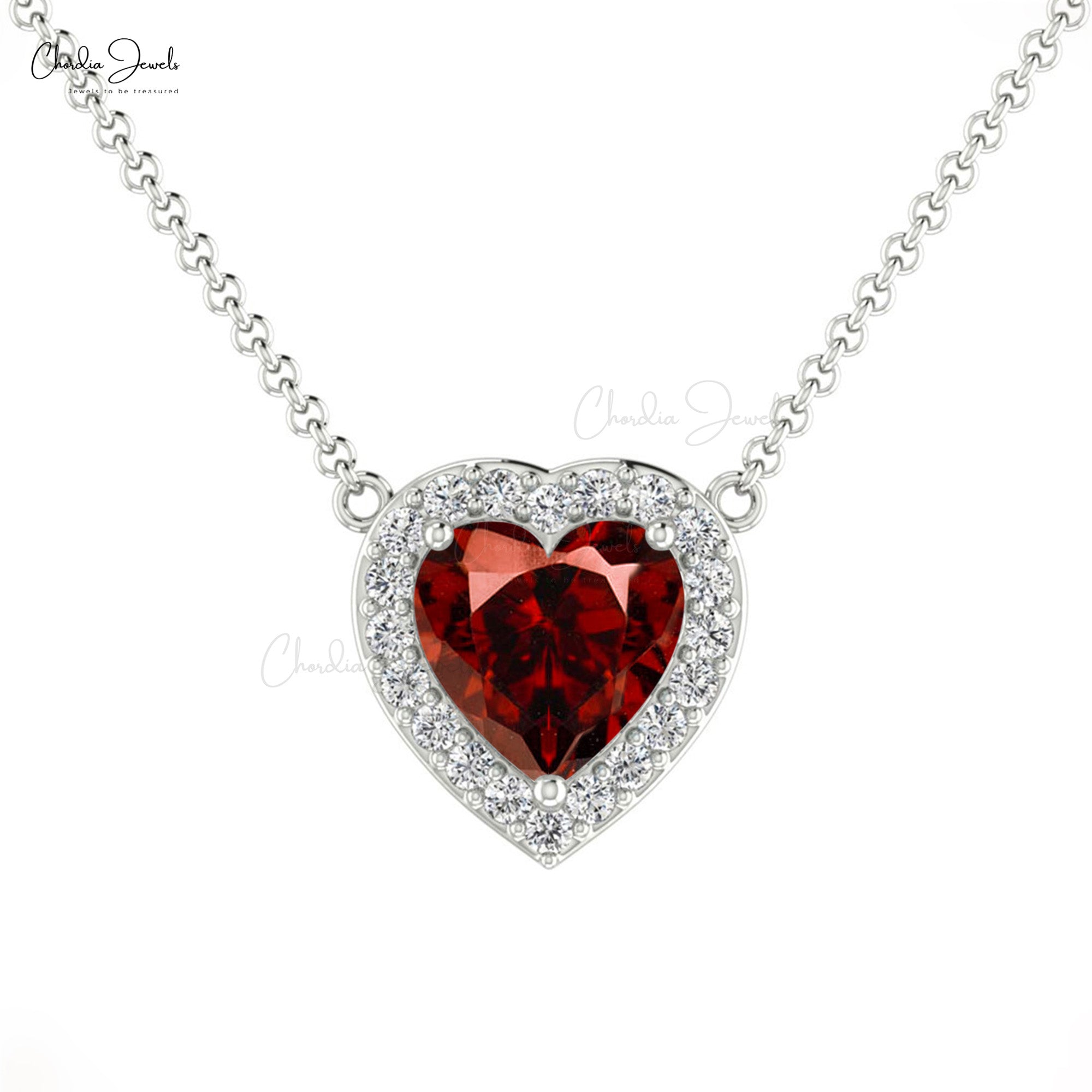 Heart Cut Love Necklace With 0.60 Ct Red Garnet And Halo Diamond 14k Real Gold Necklaces