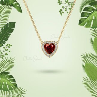 Heart Cut Love Necklace With 0.60 Ct Red Garnet And Halo Diamond 14k Real Gold Necklaces