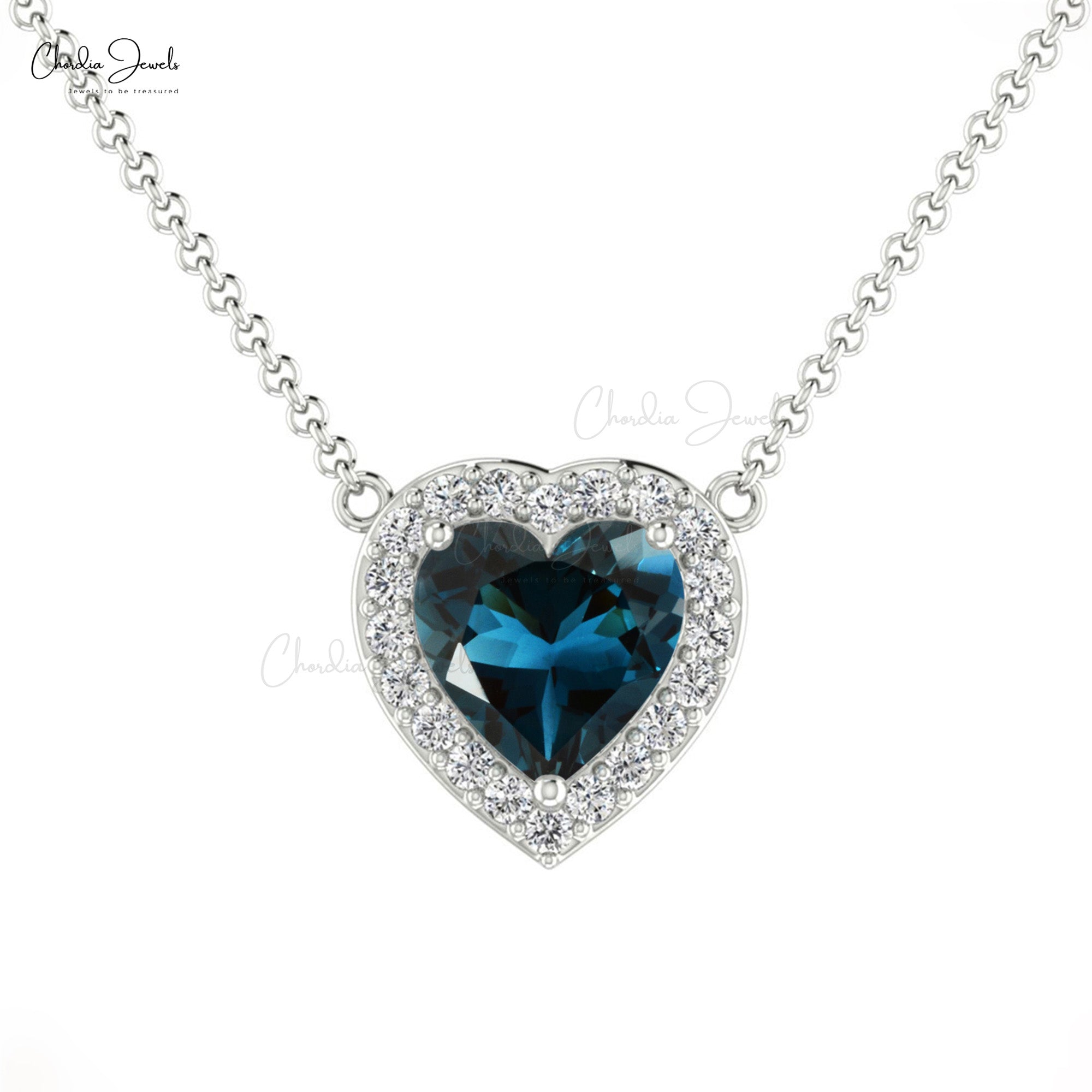 Pure 14k Gold Diamond Halo Necklace With 0.60 Ct London Blue Topaz Heart Chain Necklace