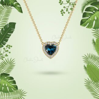 Pure 14k Gold Diamond Halo Necklace With 0.60 Ct London Blue Topaz Heart Chain Necklace