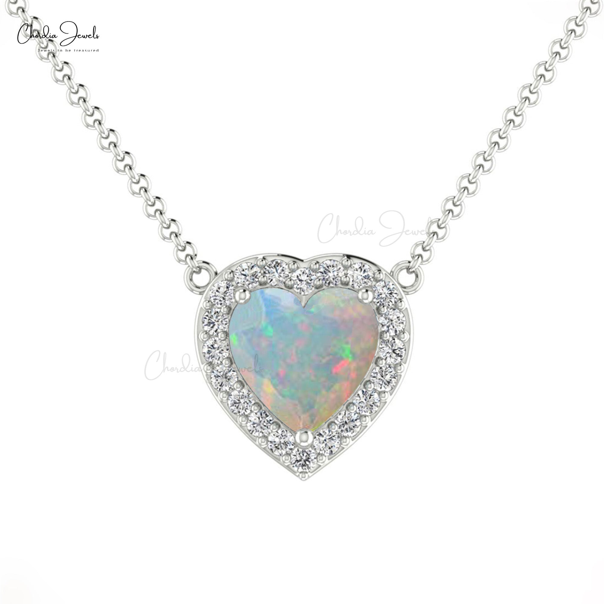 Heart Shape Opal Gemstone Necklace In 14k Solid Gold
