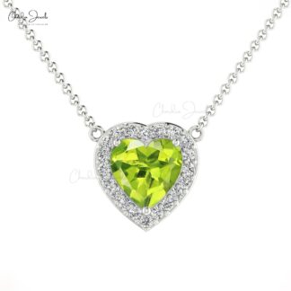 Halo Diamond Love Necklace With 5mm Peridot Prong Set In 14k Solid Gold Women Necklace