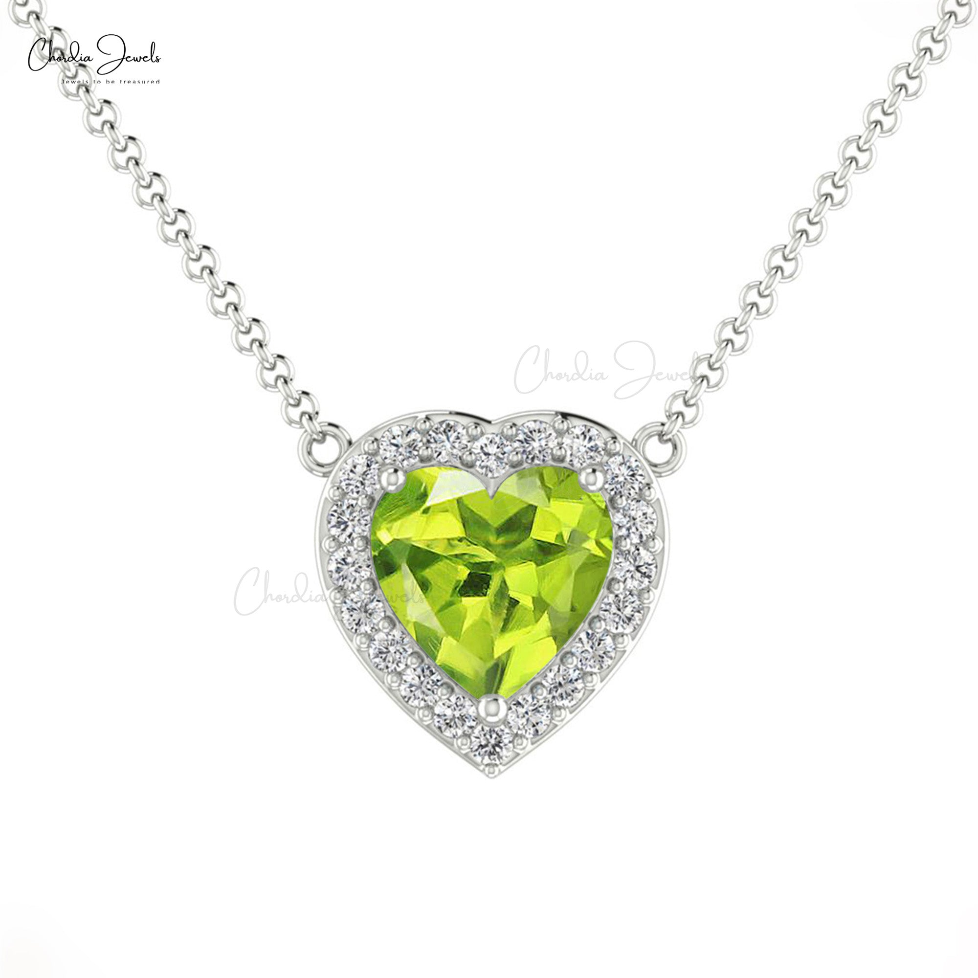 Halo Diamond Love Necklace With 5mm Peridot Prong Set In 14k Solid Gold Women Necklace