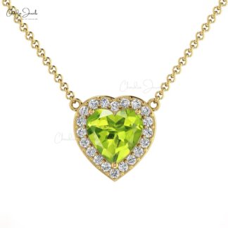 Halo Diamond Love Necklace With 5mm Peridot Prong Set In 14k Solid Gold Women Necklace