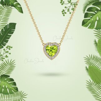 Halo Diamond Love Necklace With 5mm Peridot Prong Set In 14k Solid Gold Women Necklace