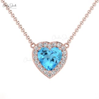 Heart Swiss Blue Topaz Charm In Real 14k Gold G-H Diamond Halo Chain Necklace For Her