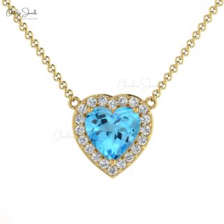 Heart Swiss Blue Topaz Charm In Real 14k Gold G-H Diamond Halo Chain Necklace For Her