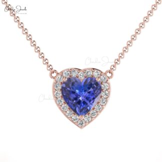 Halo Heart Necklace With 5mm Tanzanite And Diamond Accents In 14k Real Gold Necklace