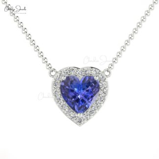 Halo Heart Necklace With 5mm Tanzanite And Diamond Accents In 14k Real Gold Necklace