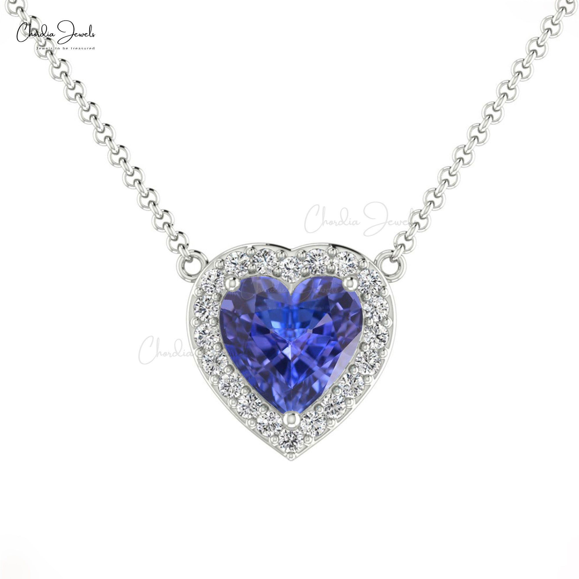 Halo Heart Necklace With 5mm Tanzanite And Diamond Accents In 14k Real Gold Necklace