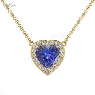 Halo Heart Necklace With 5mm Tanzanite And Diamond Accents In 14k Real Gold Necklace