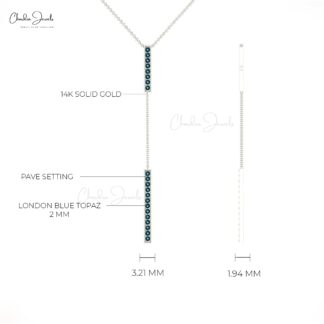Long Drop Necklace With Natural London Blue Topaz 14K Solid Gold Lariat Bar Pendant Necklace