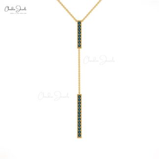 Long Drop Necklace With Natural London Blue Topaz 14K Solid Gold Lariat Bar Pendant Necklace