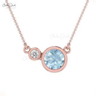 Natural Aquamarine Bezel Set Necklace In Real 14k Gold Diamond 2 Stone Necklace For Her
