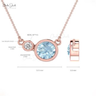 Natural Aquamarine Bezel Set Necklace In Real 14k Gold Diamond 2 Stone Necklace For Her