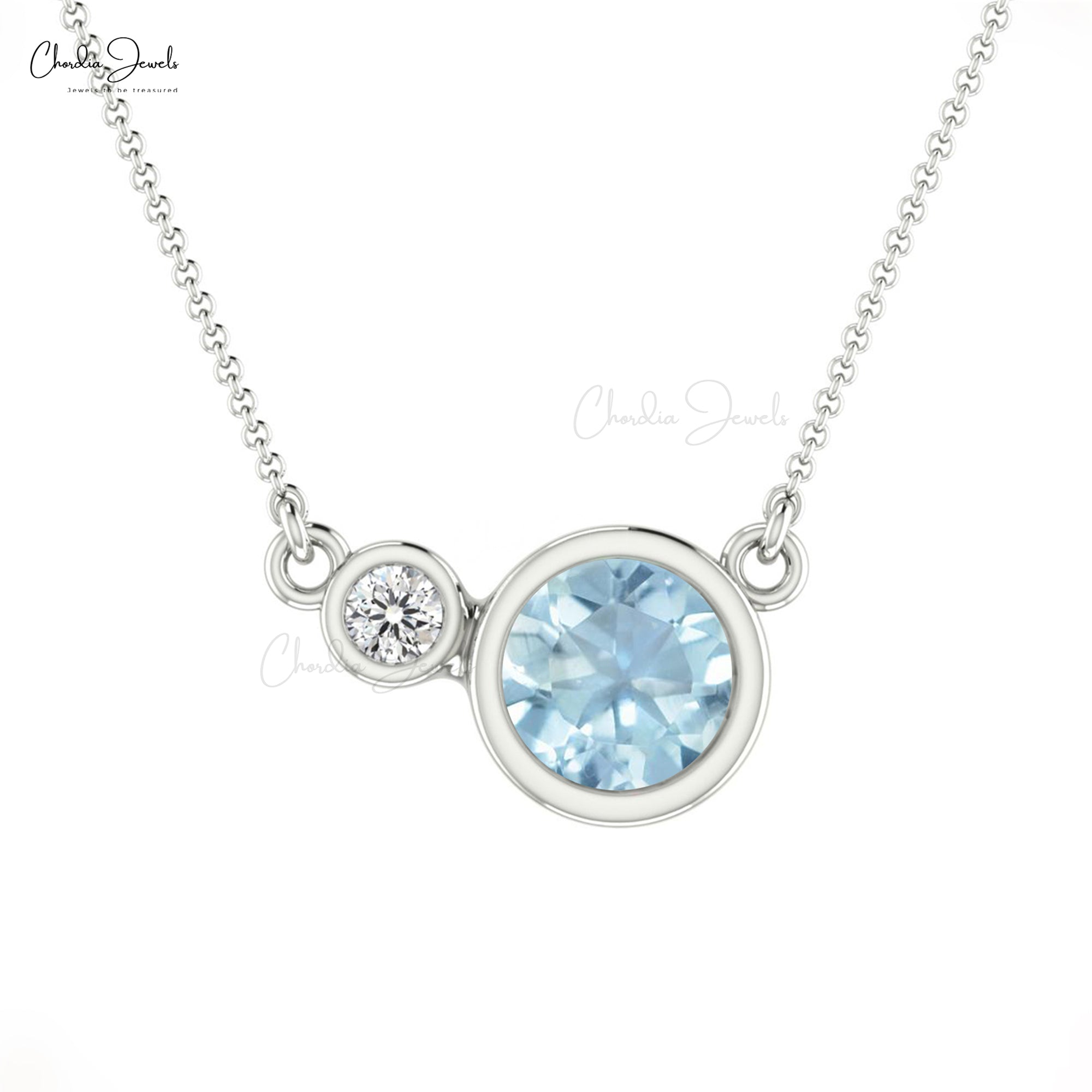 Natural Aquamarine Bezel Set Necklace In Real 14k Gold Diamond 2 Stone Necklace For Her
