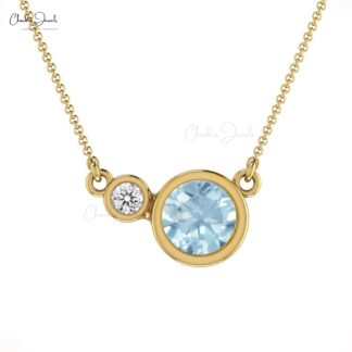 Natural Aquamarine Bezel Set Necklace In Real 14k Gold Diamond 2 Stone Necklace For Her