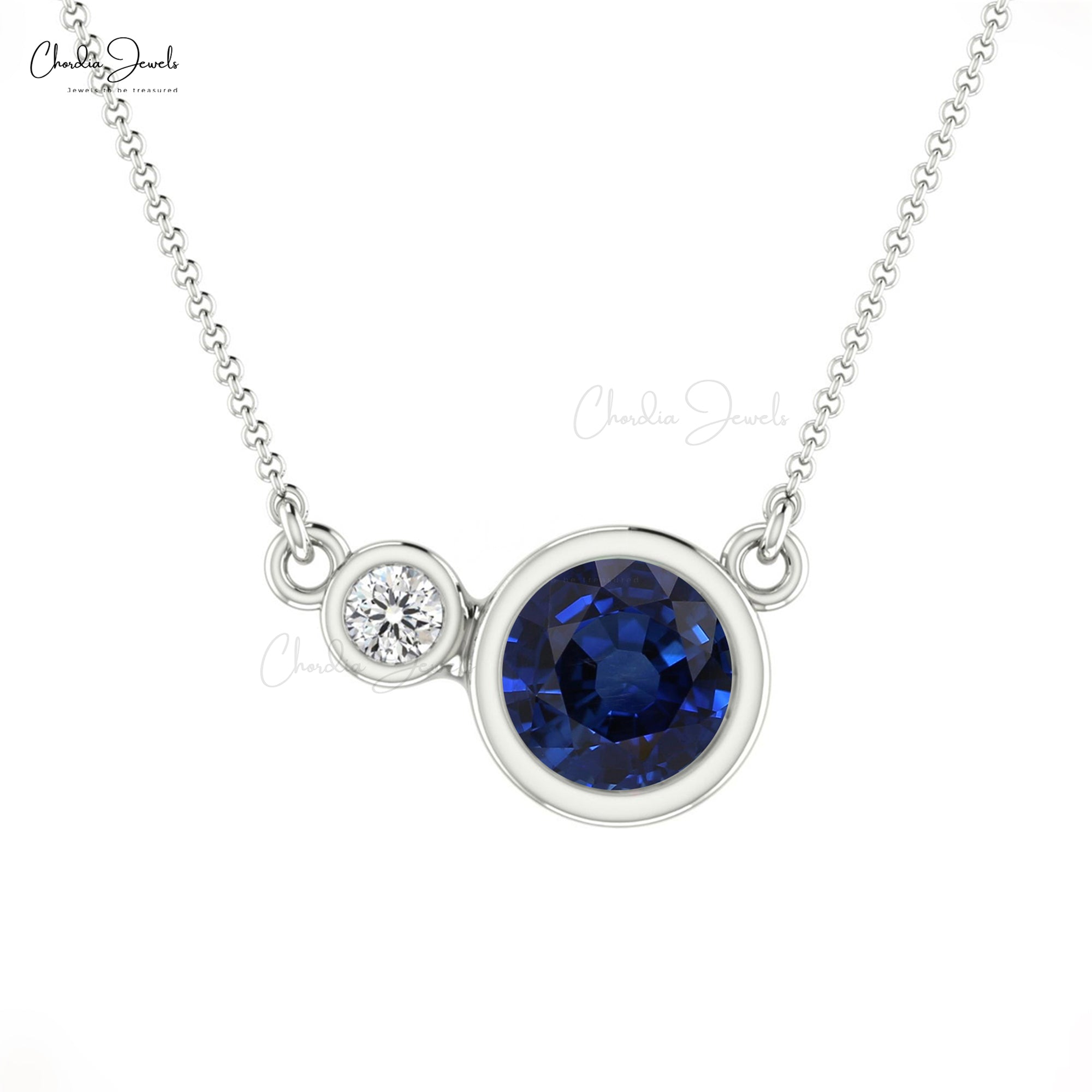 Natural Blue Sapphire and Diamond Accented in 14k Solid Gold 2 Stone Necklace