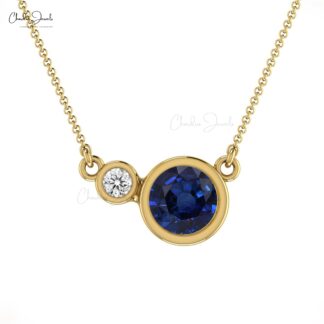Natural Blue Sapphire and Diamond Accented in 14k Solid Gold 2 Stone Necklace