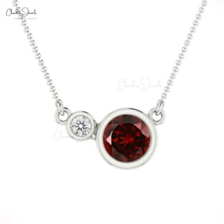Natural 0.65CT Garnet and Diamond Dual Birthstone Necklace in 14k Solid Gold Jewelry