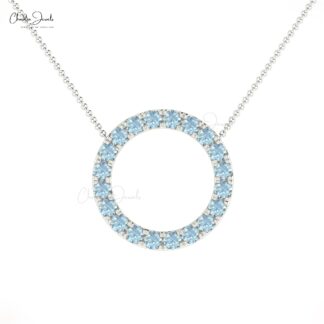 Open Circle Necklace With Round Aquamarine 14k Solid Gold Dainty Eternity Necklace For Mom