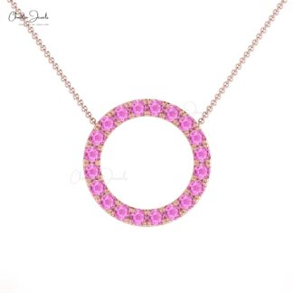 Natural Pink Sapphire Circle Necklace In 14k Solid Gold Pave Set Gemstone Karma Jewelry
