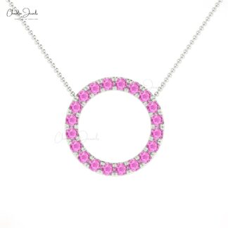Natural Pink Sapphire Circle Necklace In 14k Solid Gold Pave Set Gemstone Karma Jewelry