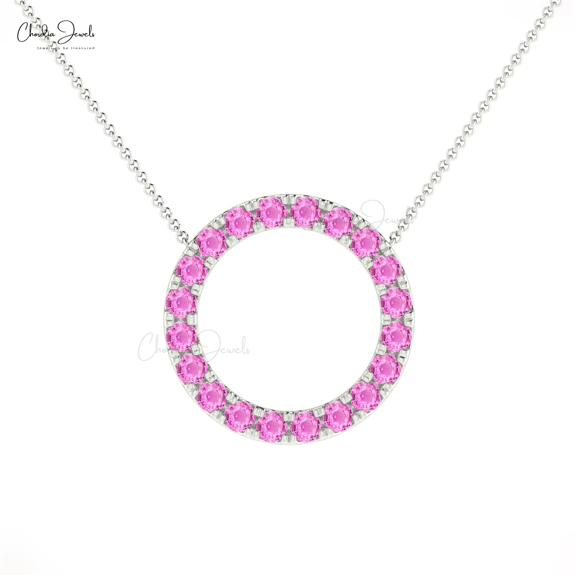 Natural Pink Sapphire Circle Necklace In 14k Solid Gold Pave Set Gemstone Karma Jewelry