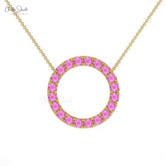 Natural Pink Sapphire Circle Necklace In 14k Solid Gold Pave Set Gemstone Karma Jewelry
