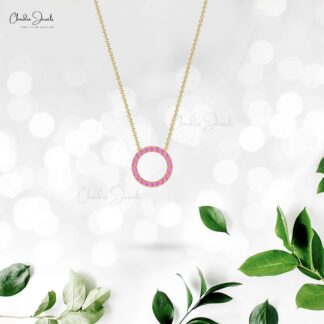 Natural Pink Sapphire Circle Necklace In 14k Solid Gold Pave Set Gemstone Karma Jewelry