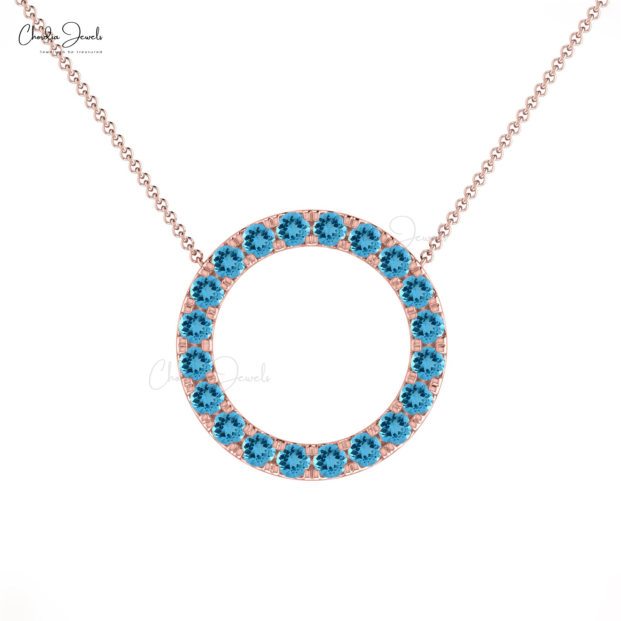 Natural Swiss Blue Topaz Dainty Circle Necklace For Anniversary