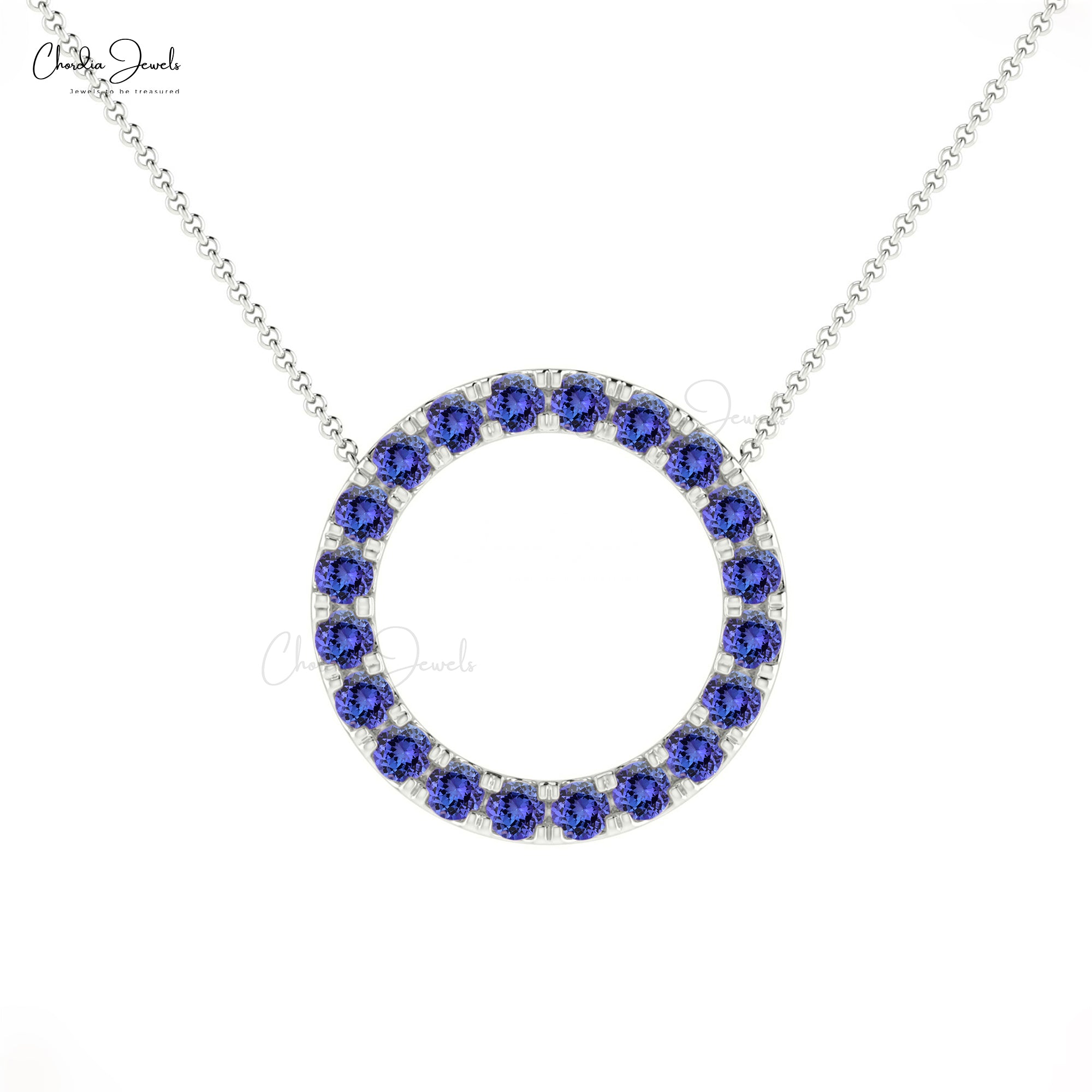 Gemstone Circle Necklace In 14k Real Gold Tanzanite 2mm Pave Set Thin Chain Necklace