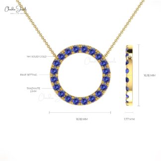 Gemstone Circle Necklace In 14k Real Gold Tanzanite 2mm Pave Set Thin Chain Necklace