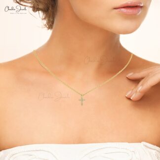 Genuine White Diamond Cross Pendant in Pure 14k Yellow Gold Hallmarked Religious Jewelry