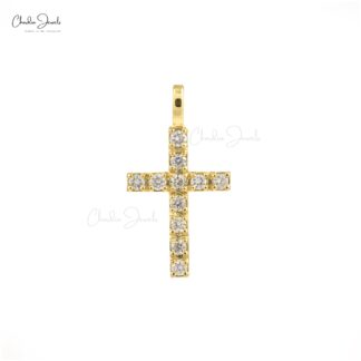 Genuine White Diamond Cross Pendant in Pure 14k Yellow Gold Hallmarked Religious Jewelry