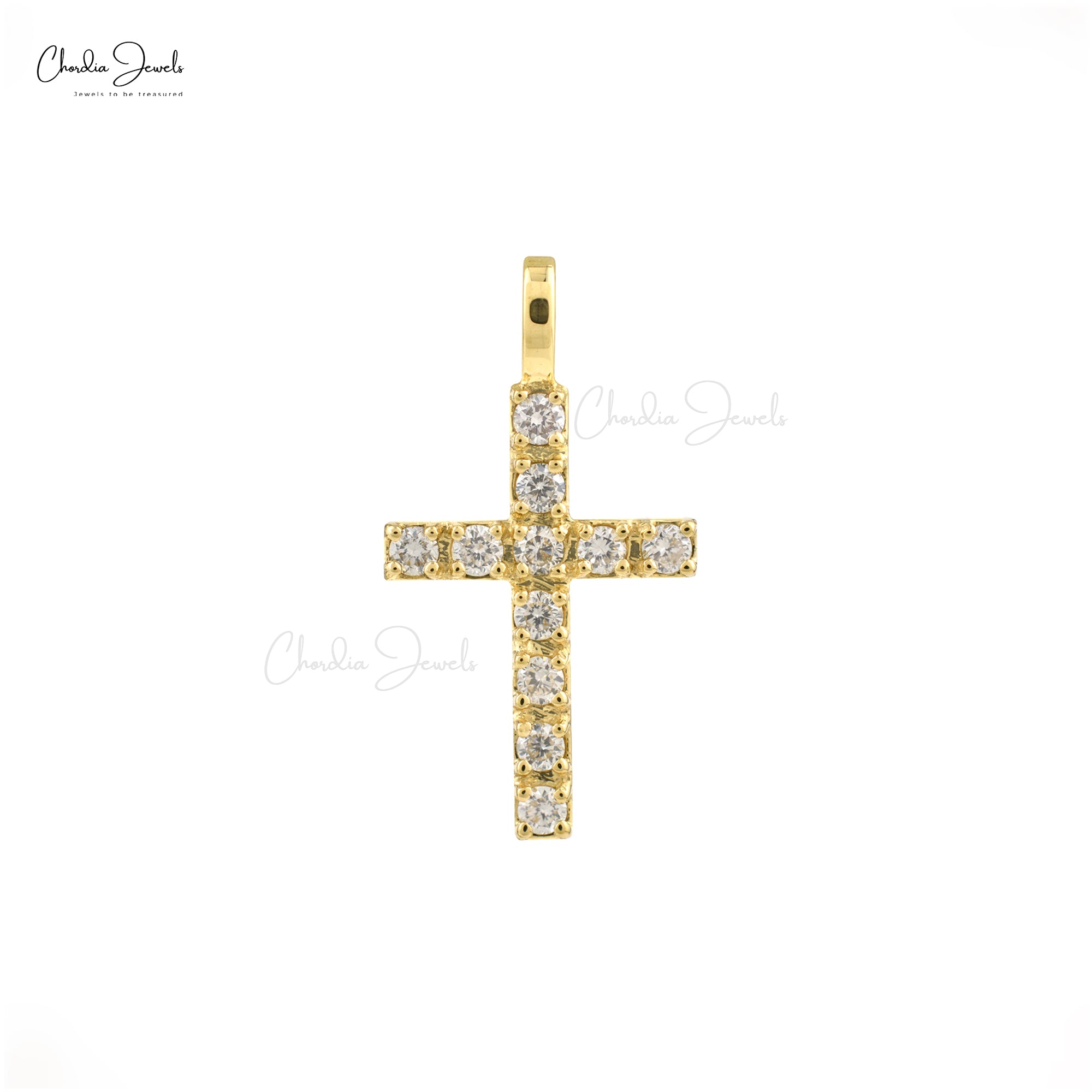 Genuine White Diamond Cross Pendant in Pure 14k Yellow Gold Hallmarked Religious Jewelry