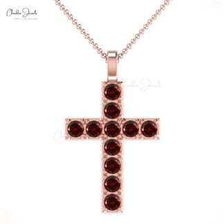 Gemstone Cross Pendant in Solid 14k Gold Red Garnet January Birthstone Jesus Necklace