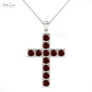 Gemstone Cross Pendant in Solid 14k Gold Red Garnet January Birthstone Jesus Necklace