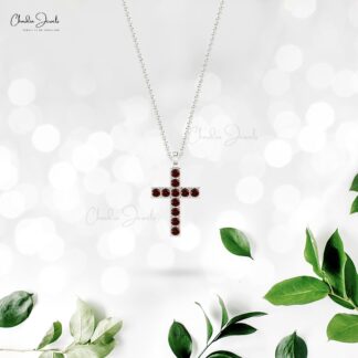 Gemstone Cross Pendant in Solid 14k Gold Red Garnet January Birthstone Jesus Necklace