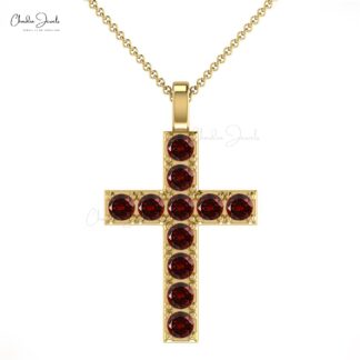 Gemstone Cross Pendant in Solid 14k Gold Red Garnet January Birthstone Jesus Necklace