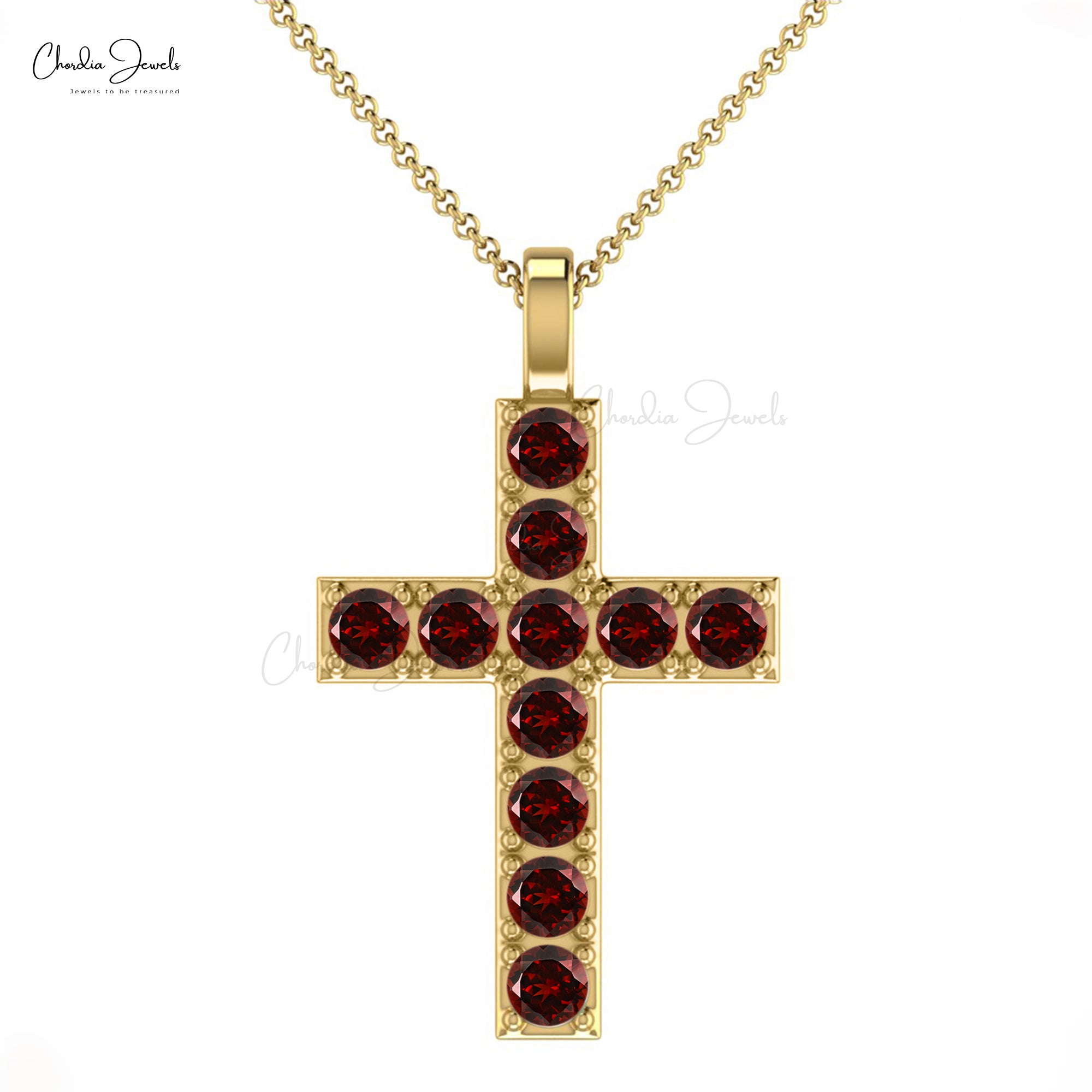 Gemstone Cross Pendant in Solid 14k Gold Red Garnet January Birthstone Jesus Necklace