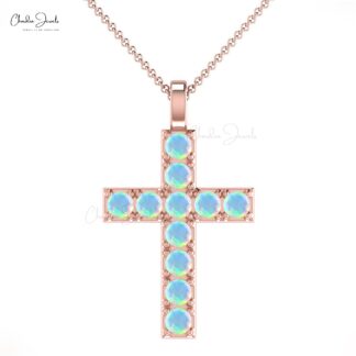 Natural Opal 0.55Ct Round Cut Gemstone Cross Locket 14k Real Gold Handcrafted Hallmark Jewelry