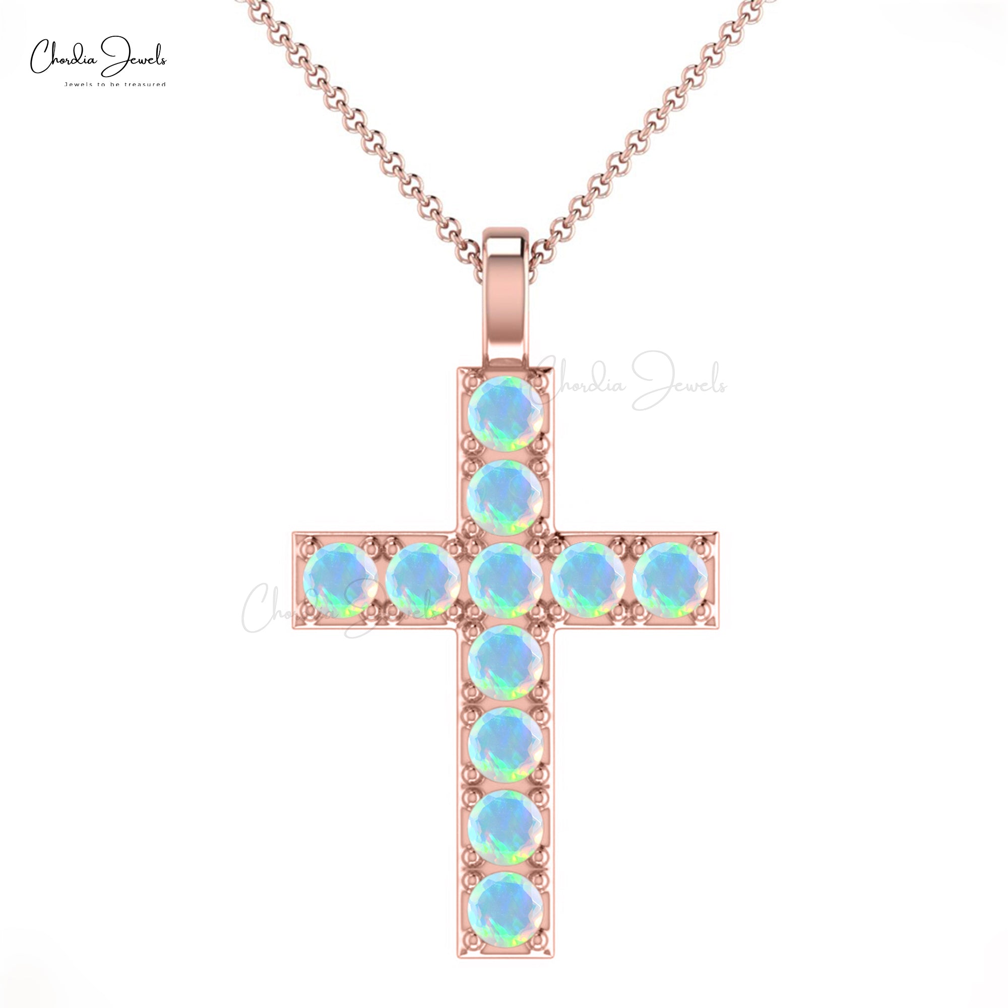 Natural Opal 0.55Ct Round Cut Gemstone Cross Locket 14k Real Gold Handcrafted Hallmark Jewelry
