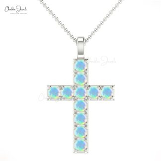 Natural Opal 0.55Ct Round Cut Gemstone Cross Locket 14k Real Gold Handcrafted Hallmark Jewelry