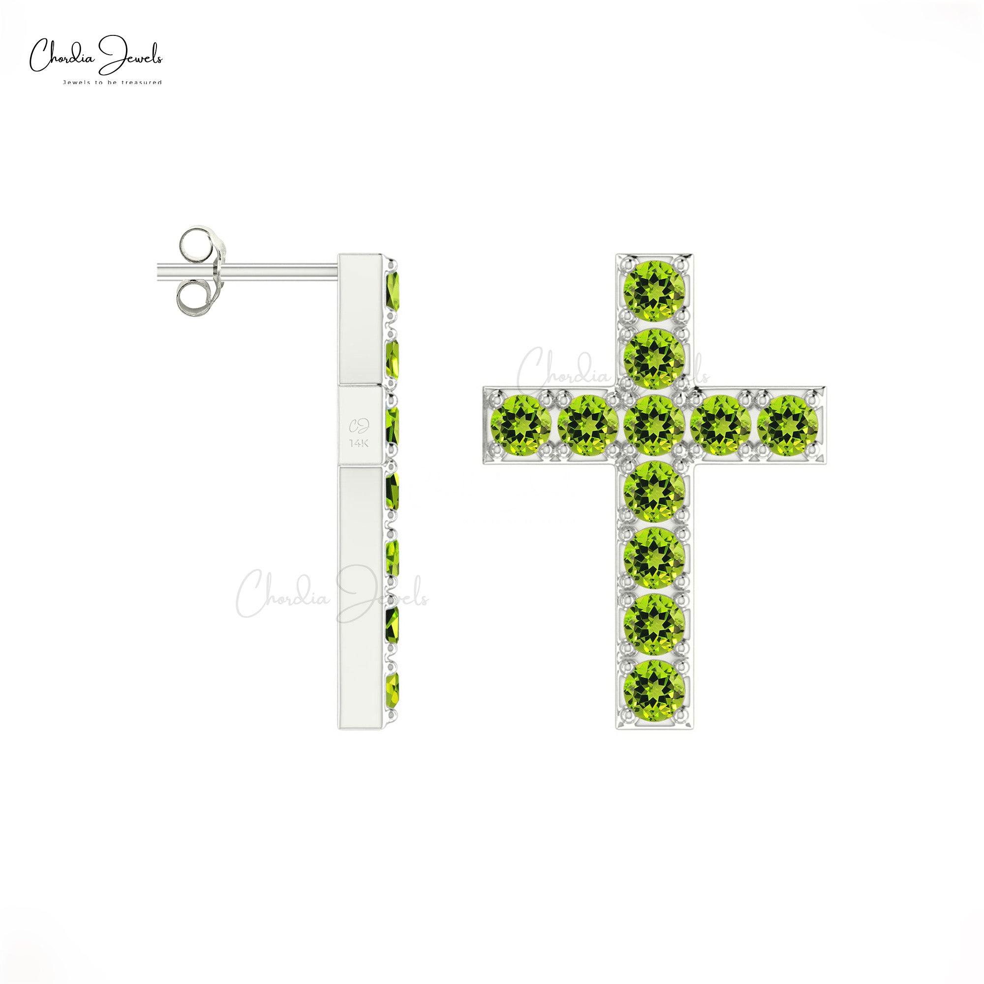 Natural Peridot Cross Earrings With 2mm Gemstone Pave Set In 14k Gold Fine Jewelry