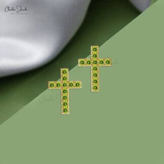 Natural Peridot Cross Earrings With 2mm Gemstone Pave Set In 14k Gold Fine Jewelry
