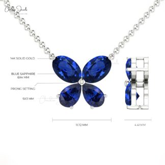 Genuine Blue Sapphire Butterfly Charm Necklace In 14k Real Gold