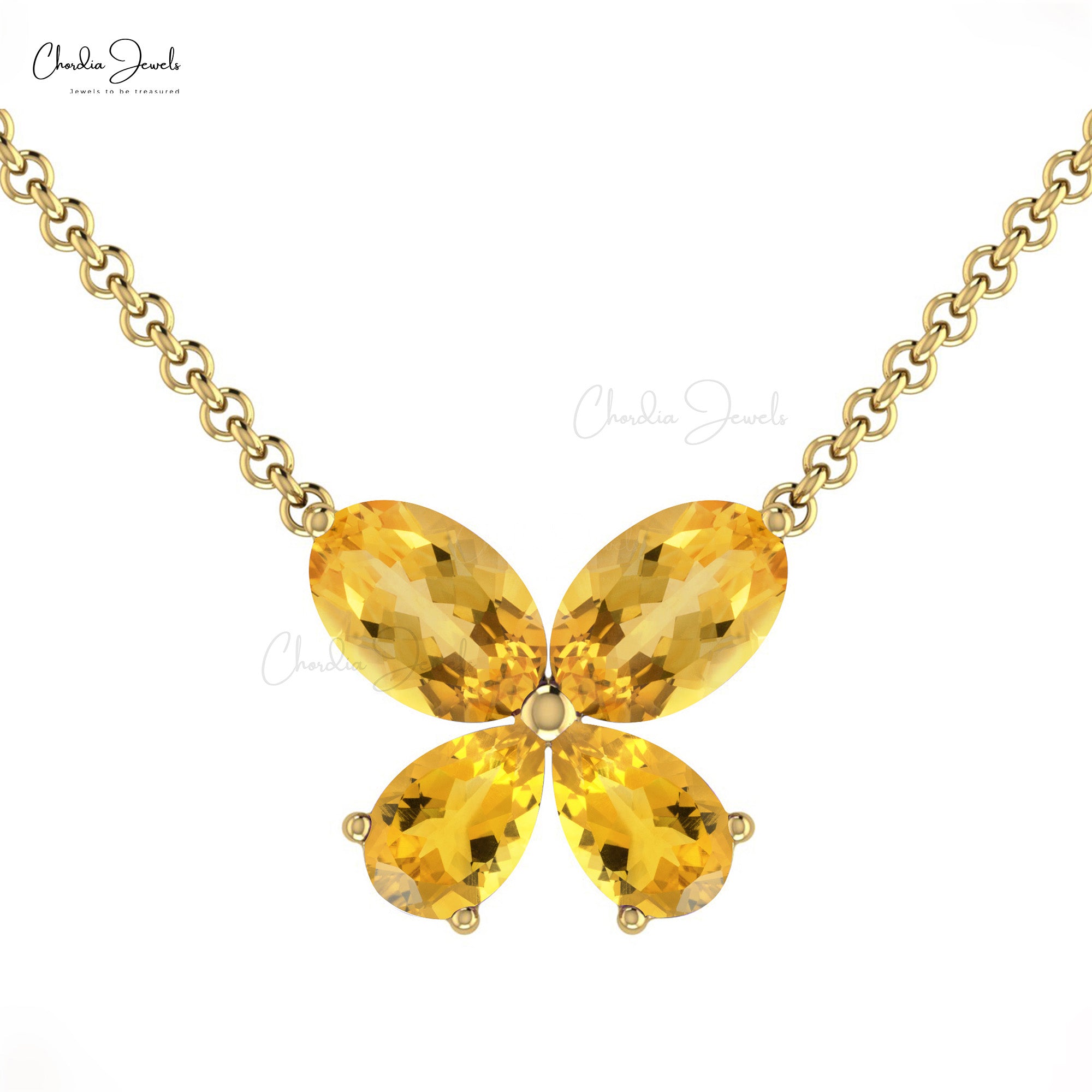 Pure 14k Gold 4 Stone Charm In 6x4mm Oval Citrine Minimalist Butterfly Necklace