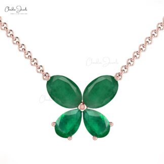 Four Stone Chain Necklace In Pure 14k Gold Zambian Emerald Butterfly Necklace For Her